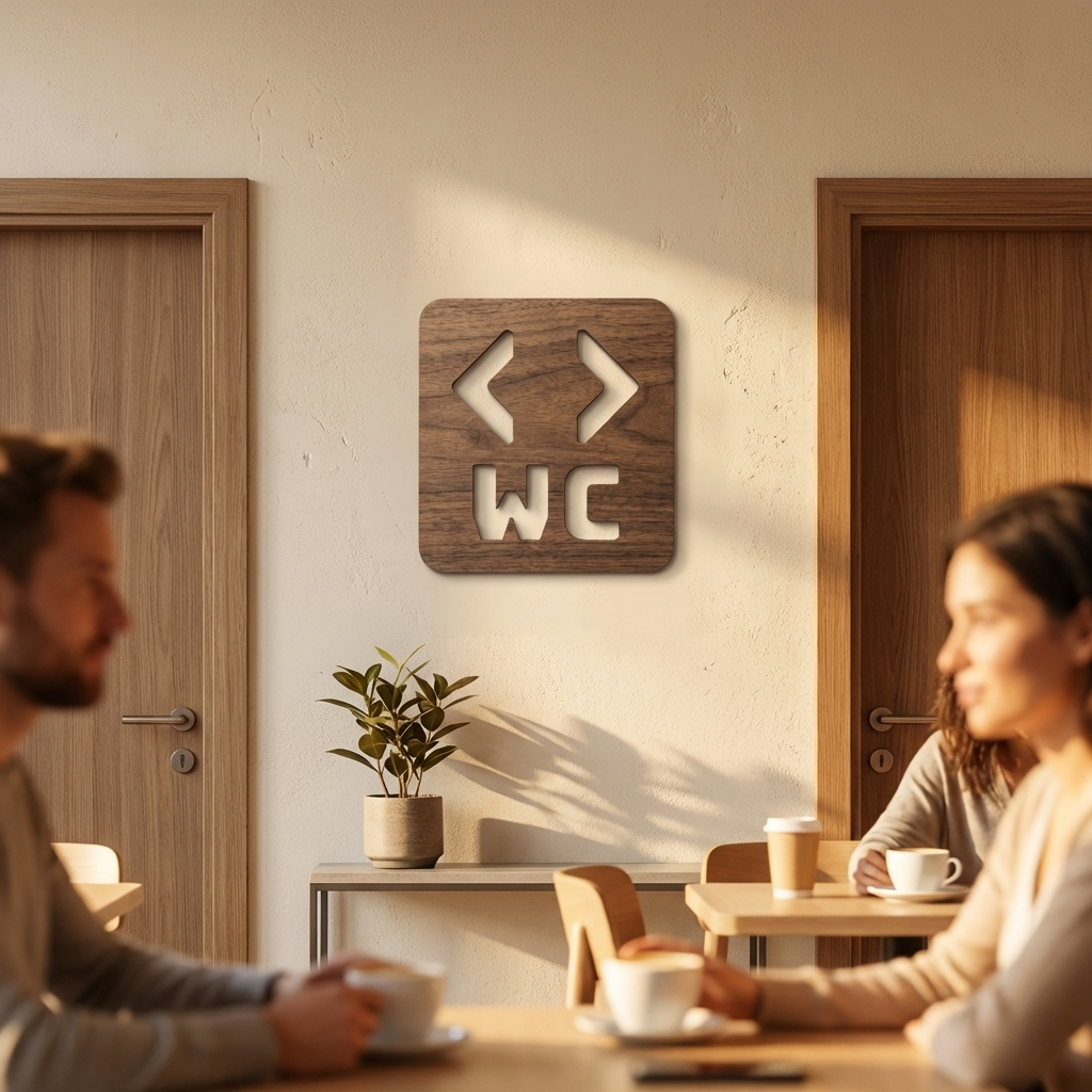 Walnut restroom direction plaque with left and right arrows for businesses