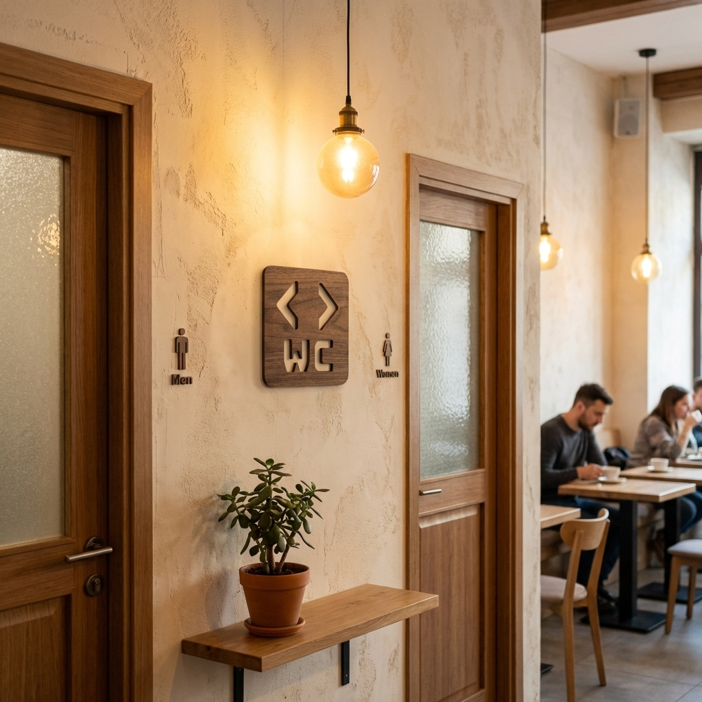 Wooden WC wayfinding sign for cafés, restaurants and hospitality venues