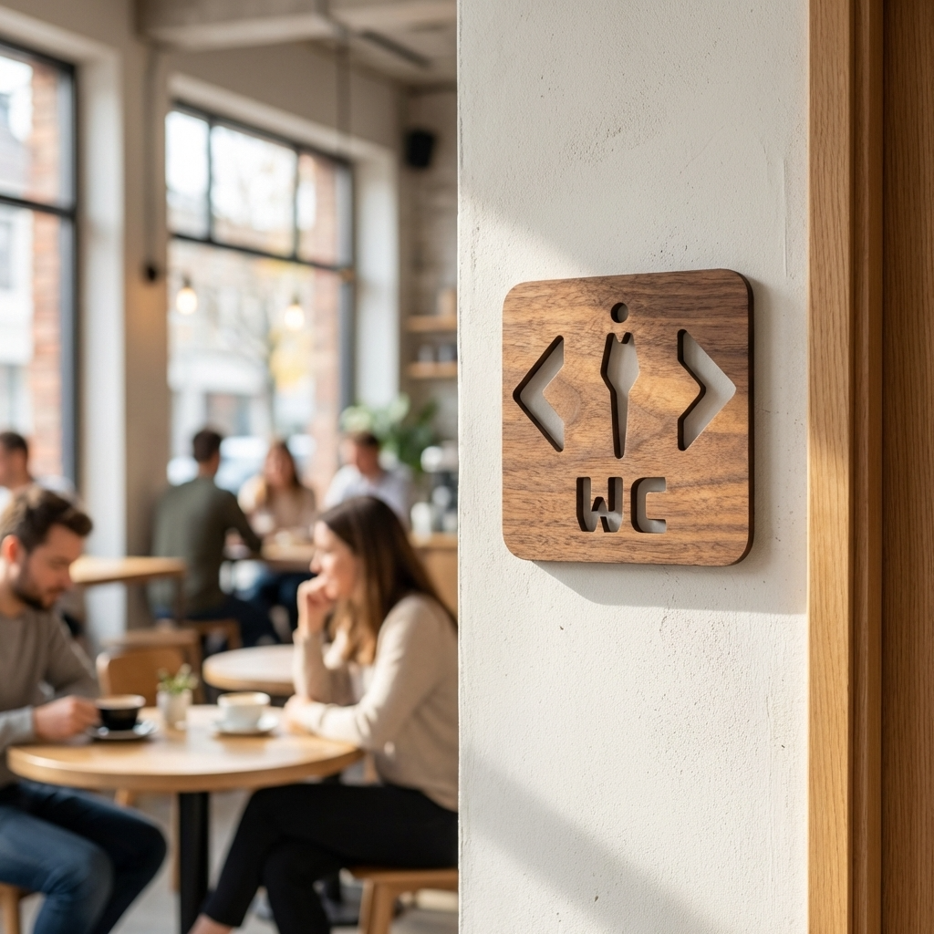 Commercial wooden men’s restroom sign with left and right arrows