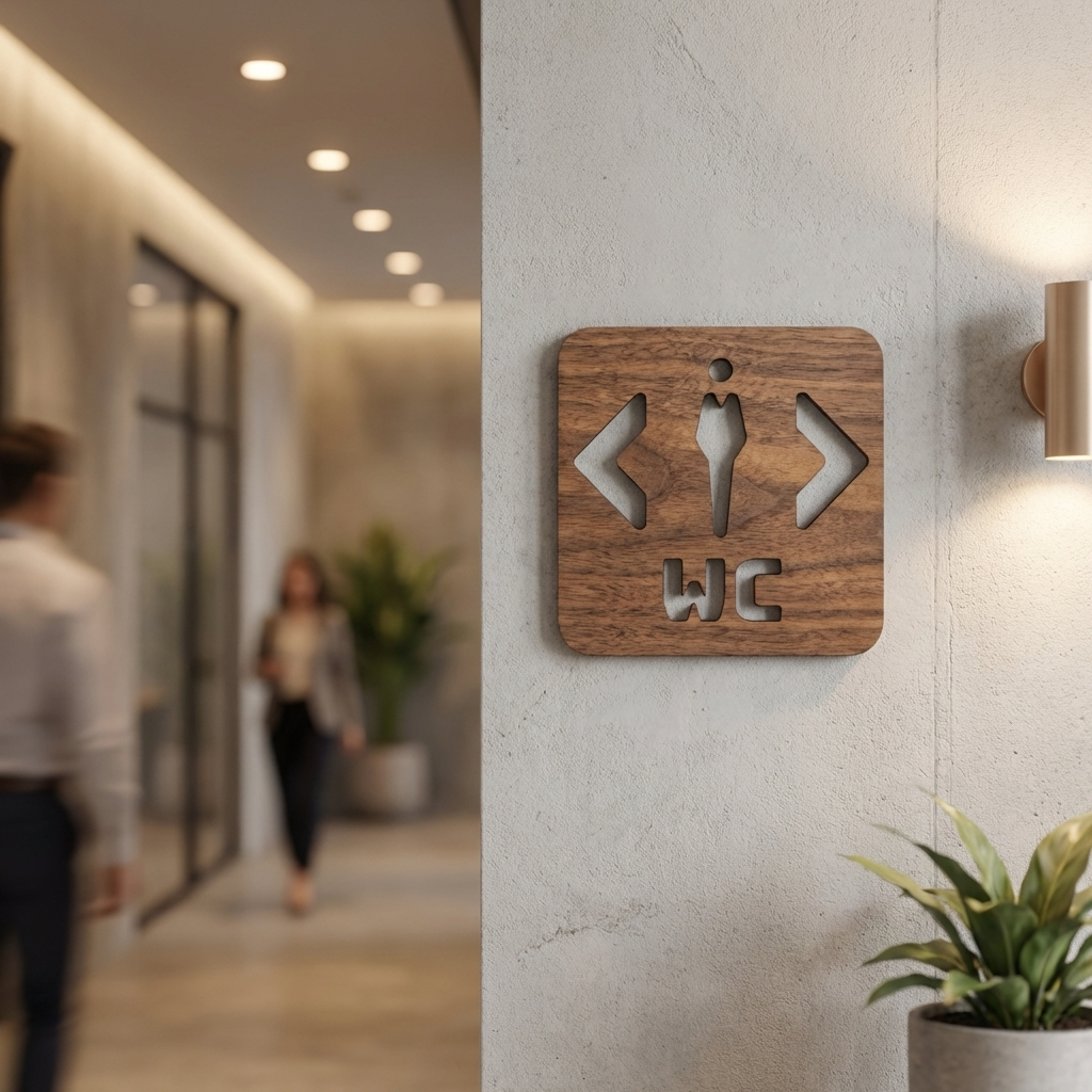 Natural walnut gents toilet sign with WC lettering and directional arrows