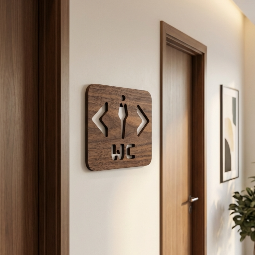 Walnut men’s WC sign with left and right arrows for cafés, pubs and restaurants