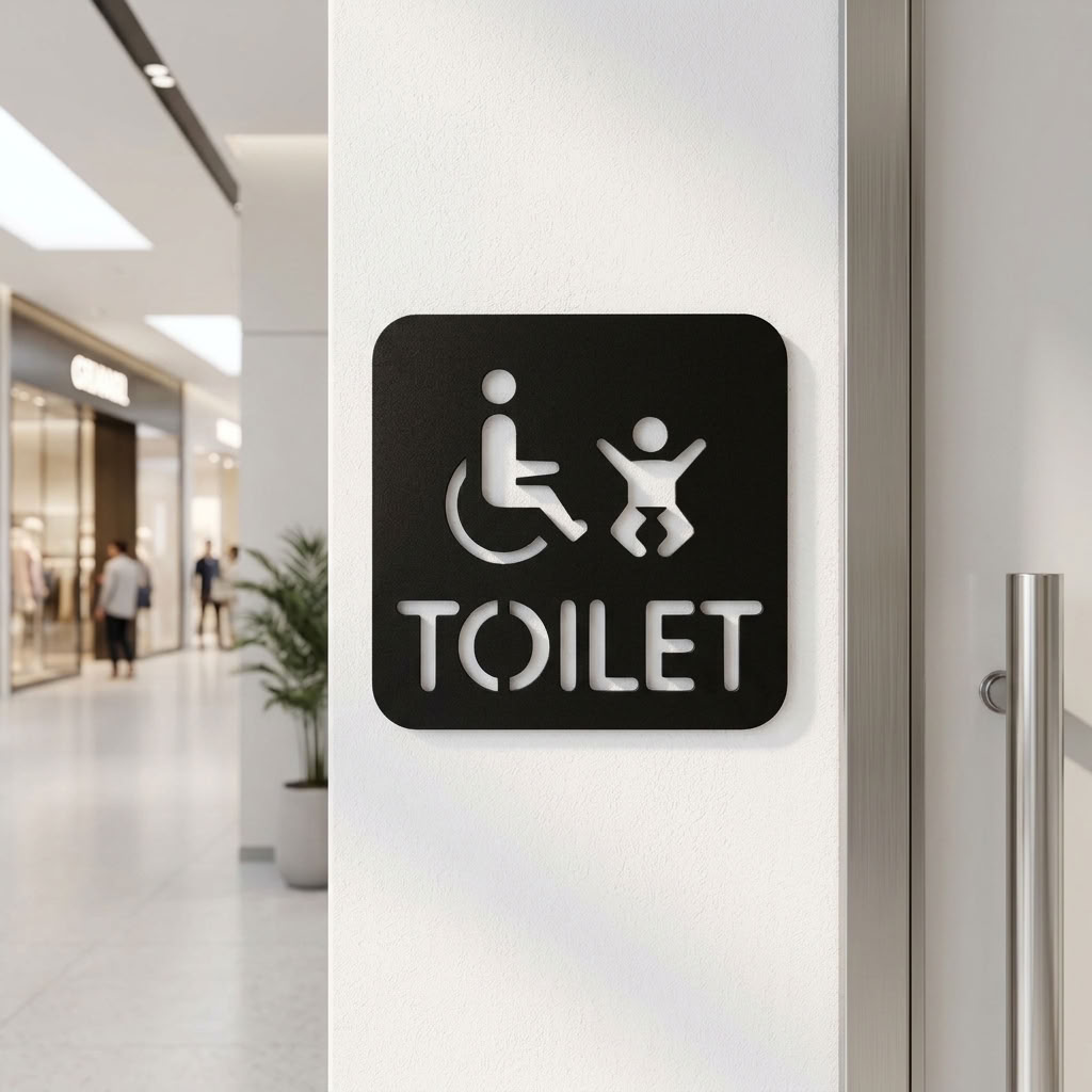 Black accessible toilet sign with wheelchair and baby change symbols