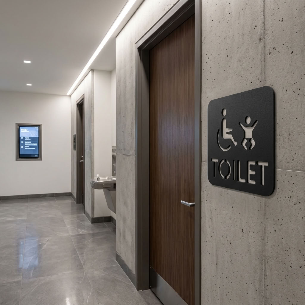 Black MDF accessible bathroom sign for customer and family restroom facilities