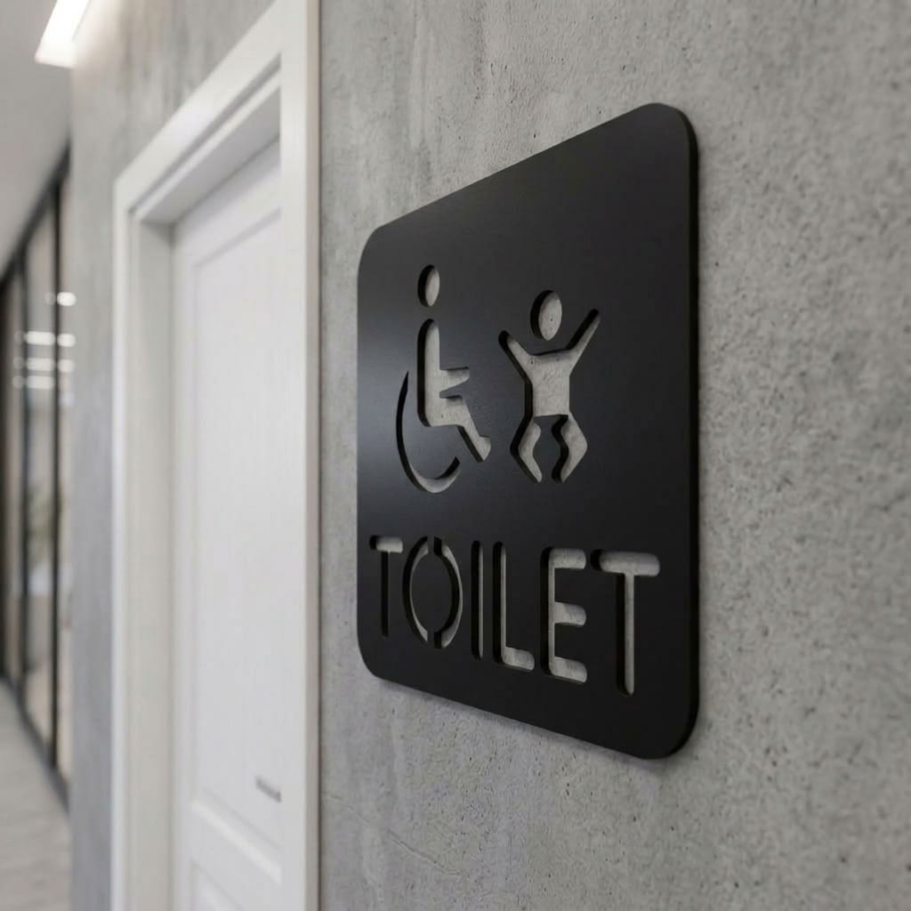 Black MDF accessible toilet and baby change sign for cafés, pubs and restaurants