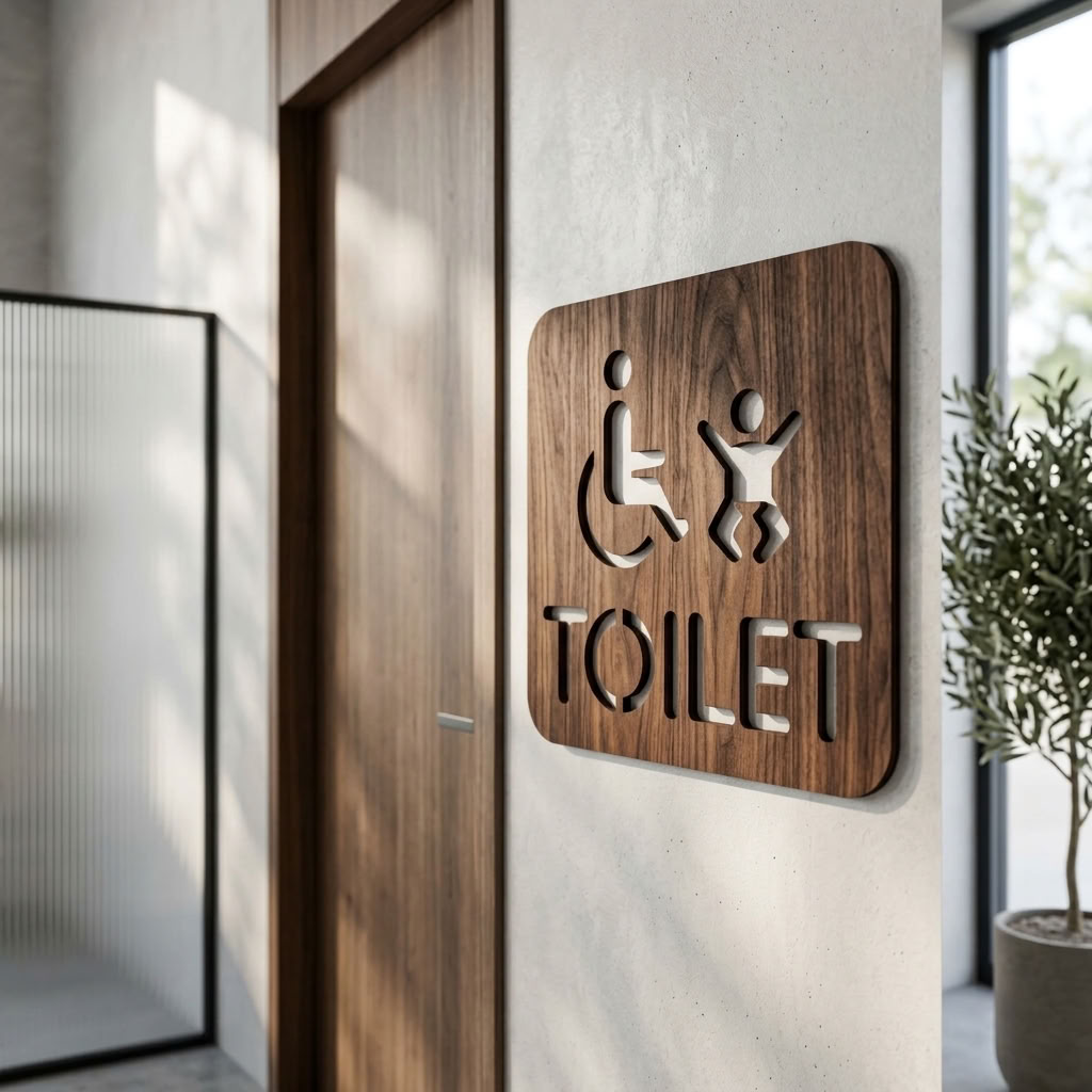 Wooden wheelchair and baby changing toilet sign for hotels, offices and commercial premises