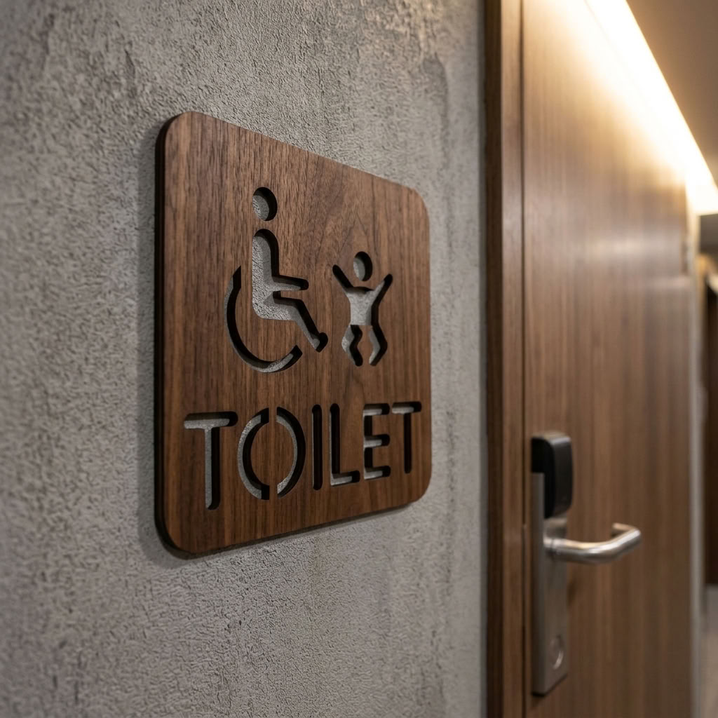 Walnut accessible restroom sign with baby change symbol for customer facilities
