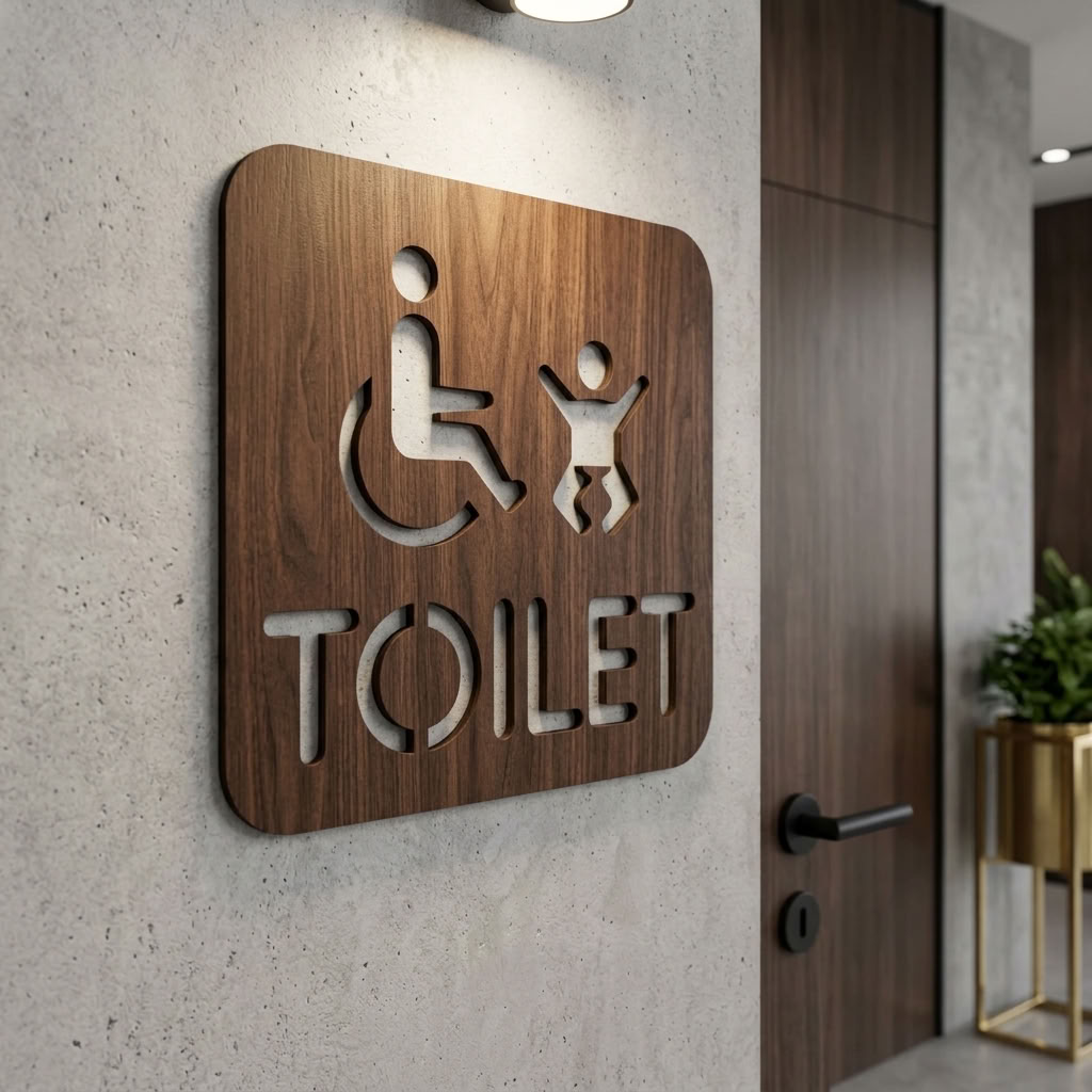 Square wheelchair and baby changing sign in natural walnut for cafés and restaurants