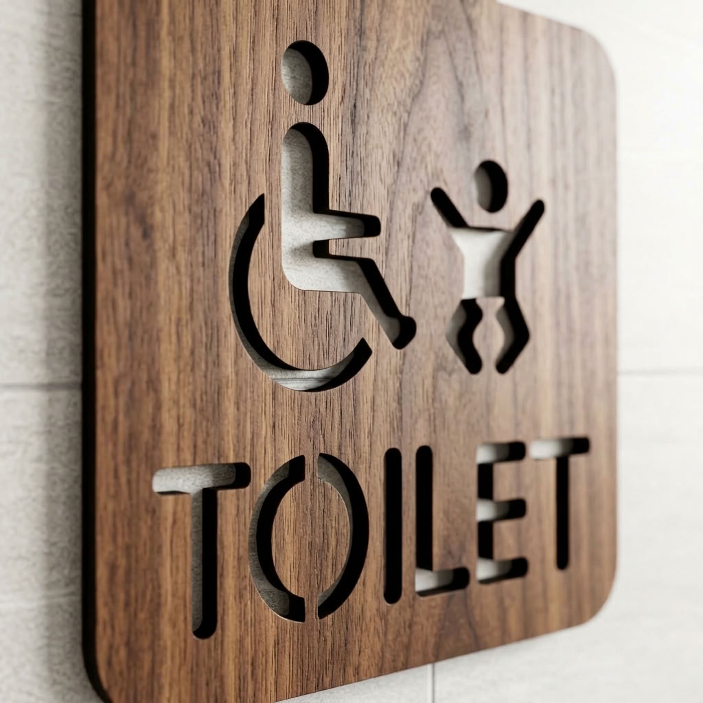 Walnut wheelchair restroom sign with baby changing symbol for commercial facilities