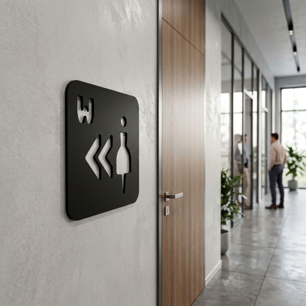Commercial women’s toilet direction sign in black MDF for restaurants and workplaces