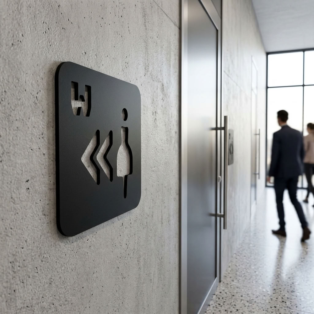 Black female restroom direction sign for offices, hotels and commercial businesses