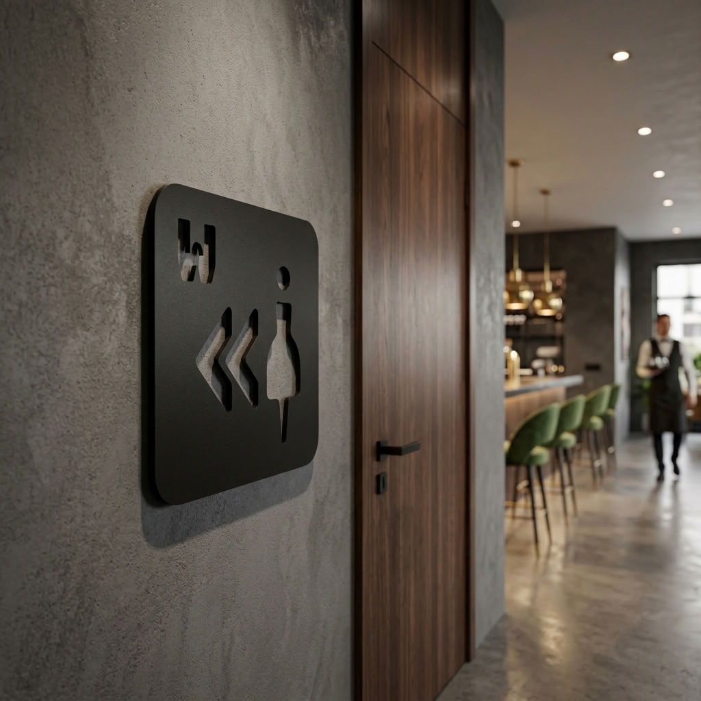 Black MDF women’s toilet sign with left arrows for cafés, pubs and restaurants