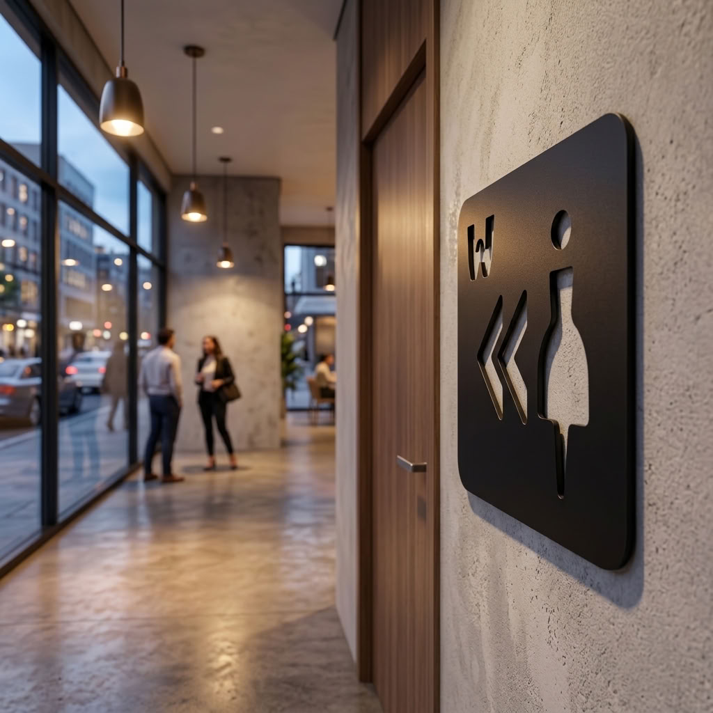 Ladies toilet sign with left-pointing arrows for cafés and hospitality venues