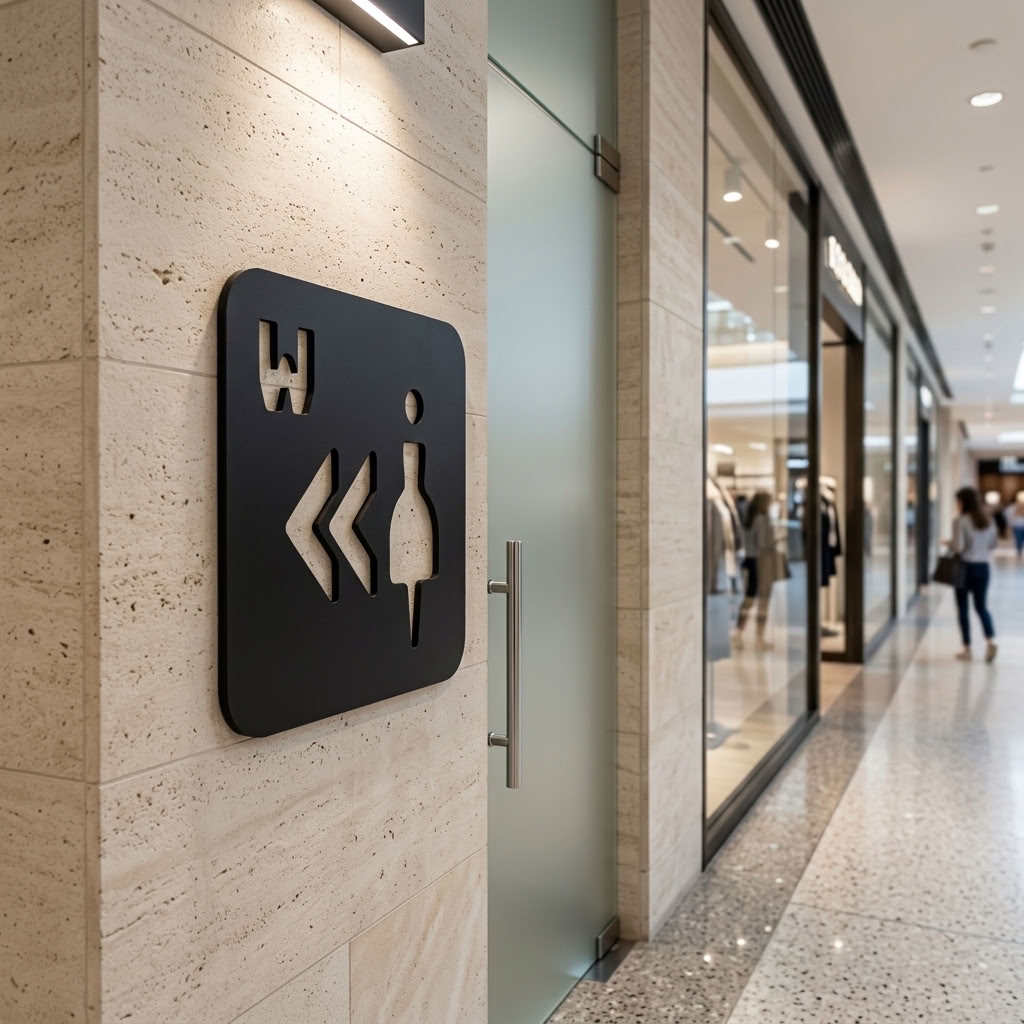 Modern women’s WC direction sign in black MDF for restaurants, pubs and offices