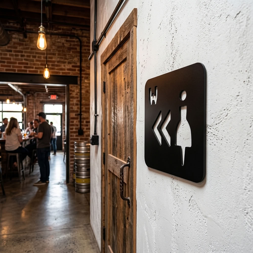 Black ladies restroom sign with left arrows for offices, cafés and retail businesses