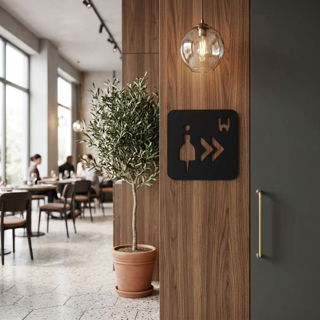 Black ladies restroom sign with right arrows for offices, cafés and retail businesses