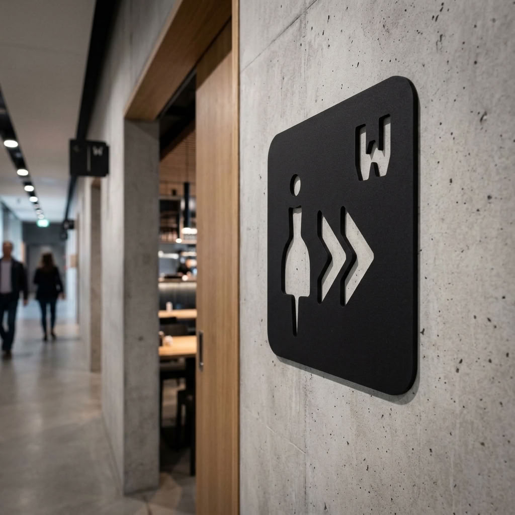 Black MDF women’s toilet sign with right arrows for cafés, pubs and restaurants