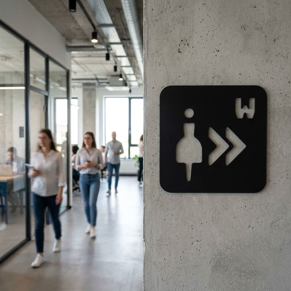 Black female restroom direction sign for offices, hotels and commercial businesses