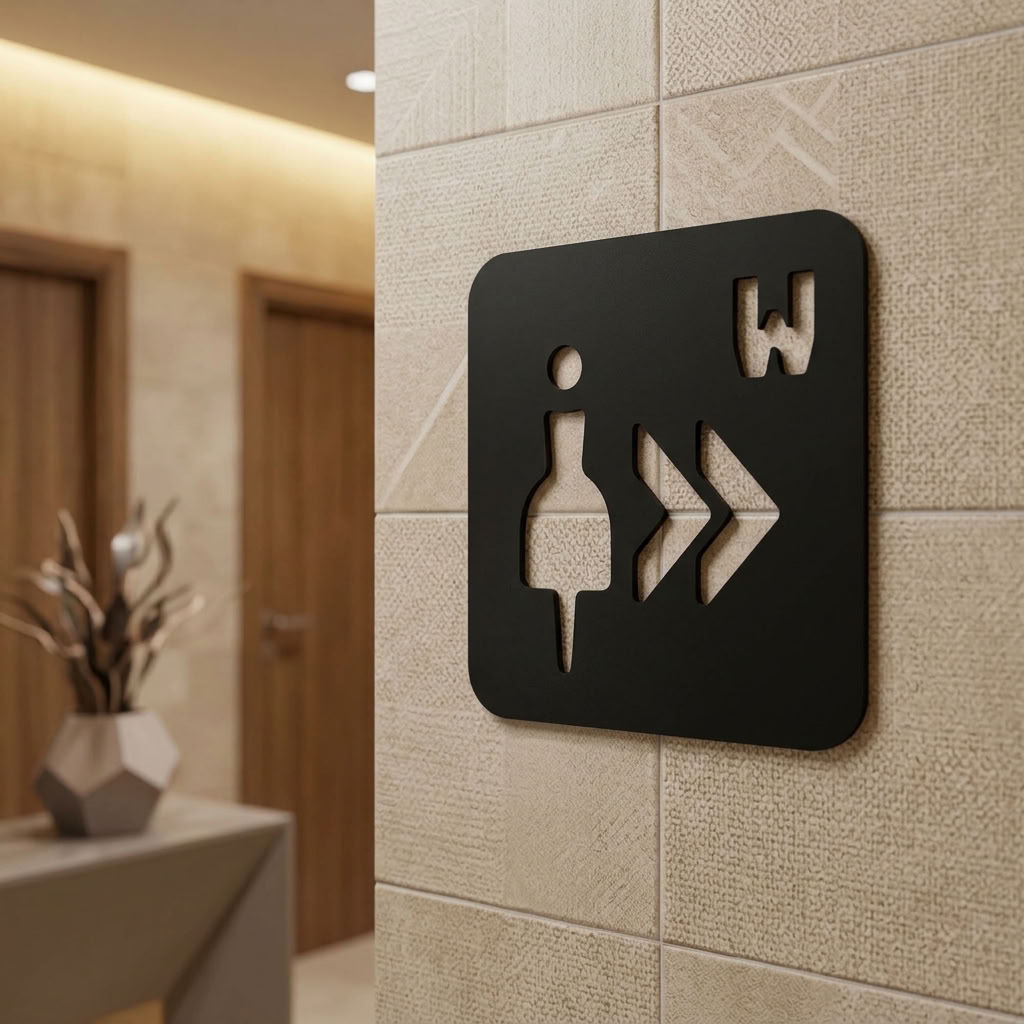 Ladies toilet sign with right-pointing arrows for cafés and hospitality venues
