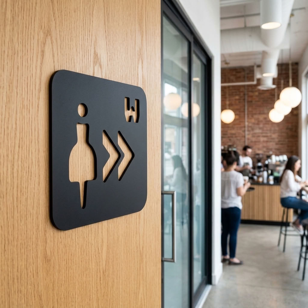 Modern women’s WC direction sign in black MDF for restaurants, pubs and offices