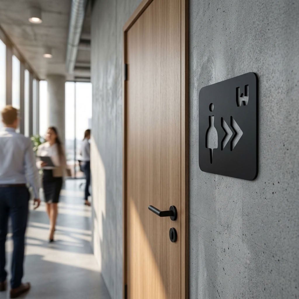 Square black female toilet wayfinding sign for commercial corridors and reception areas