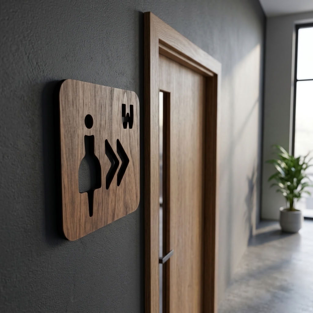 Walnut ladies restroom sign with right arrows for offices, cafés and retail businesses