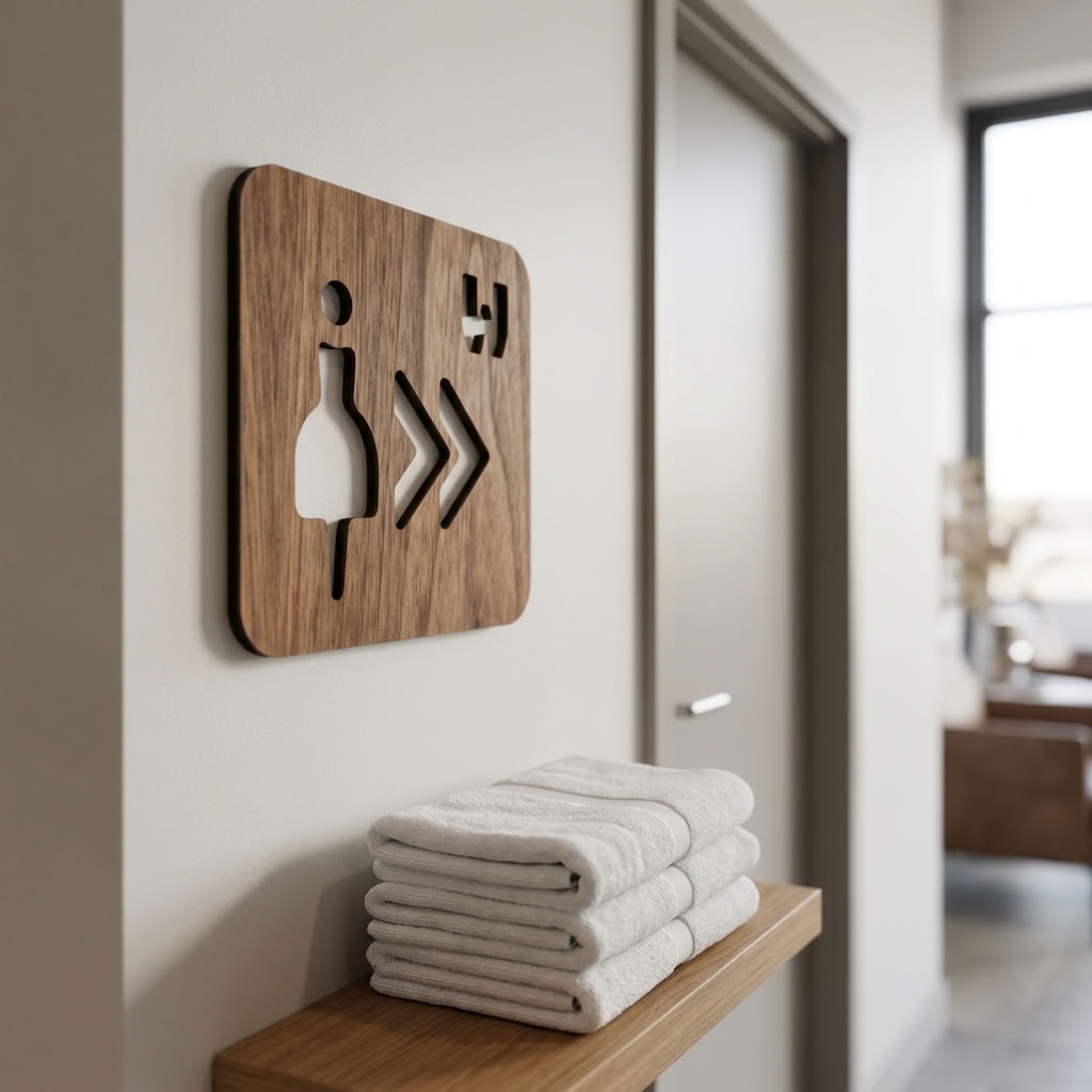 Walnut women’s toilet sign with right arrows for cafés, pubs and restaurants