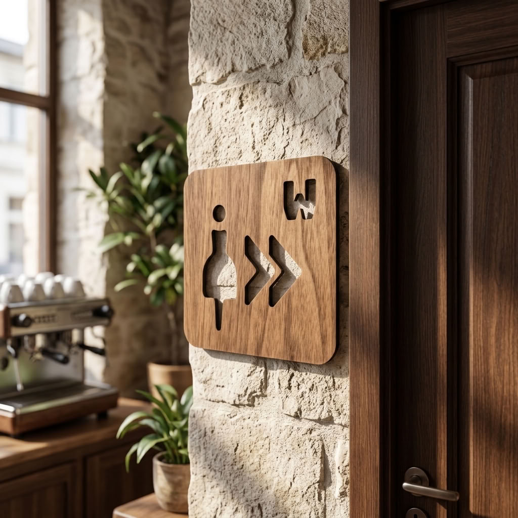 Walnut ladies toilet sign with right-pointing arrows for cafés and hospitality venues