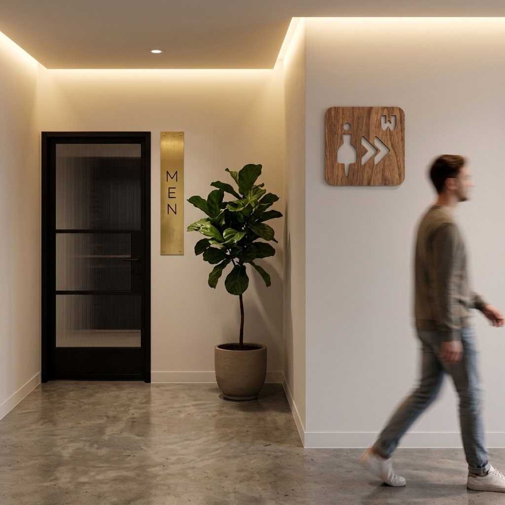 Modern women’s WC direction sign in walnut for restaurants, pubs, offices and hotels