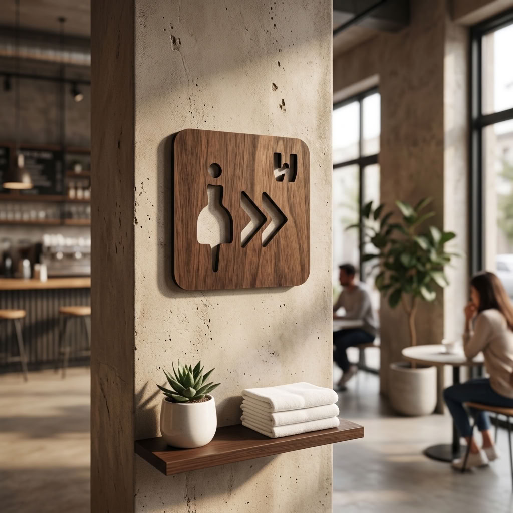 Square wooden female toilet wayfinding sign for commercial corridors and reception areas