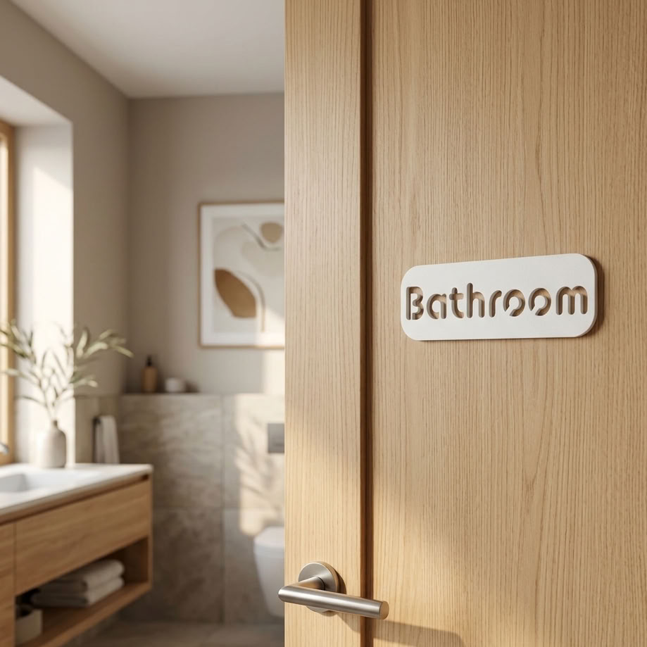 White bathroom door sign for cafés, offices, restaurants, hotels and commercial businesses