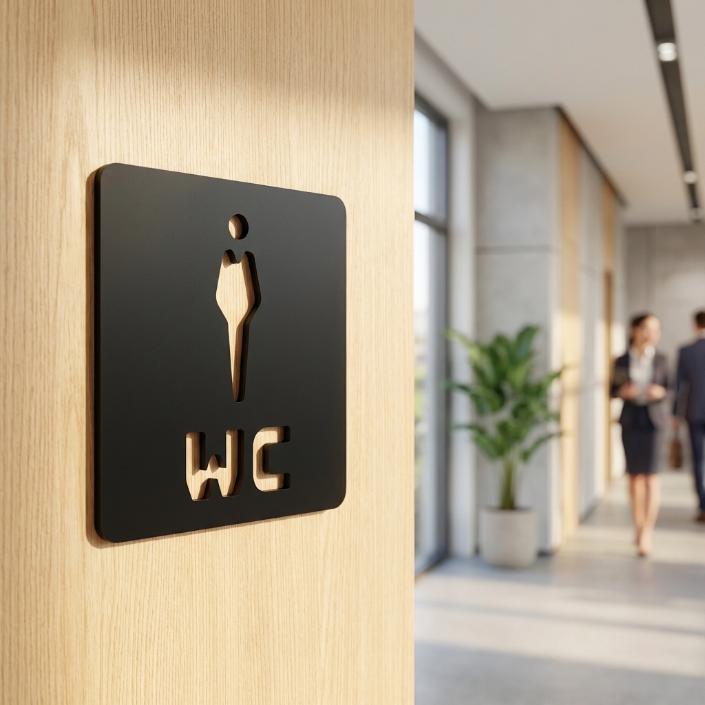Black acrylic men’s WC sign with male toilet symbol for commercial restrooms