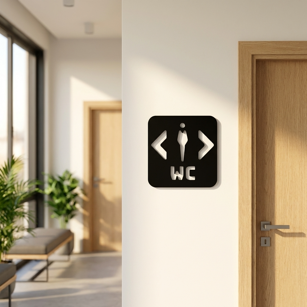 Modern black acrylic male restroom sign with WC lettering and directional arrows