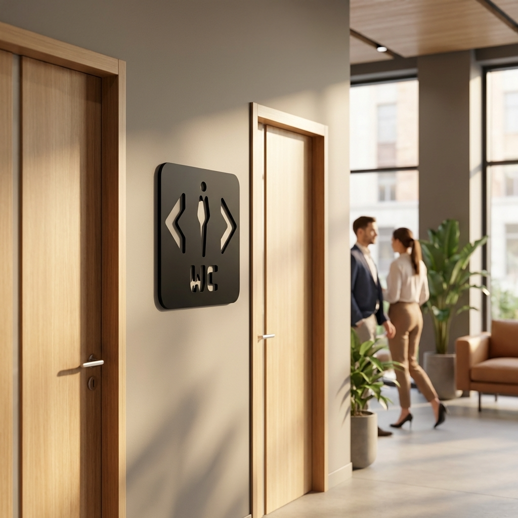 Black acrylic gents WC sign with left right arrows for business interiors