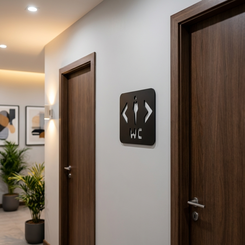 Minimalist male toilet sign in black acrylic with WC cut-out lettering