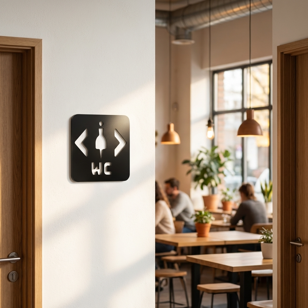 Modern women’s bathroom sign with dual arrows and female restroom symbol