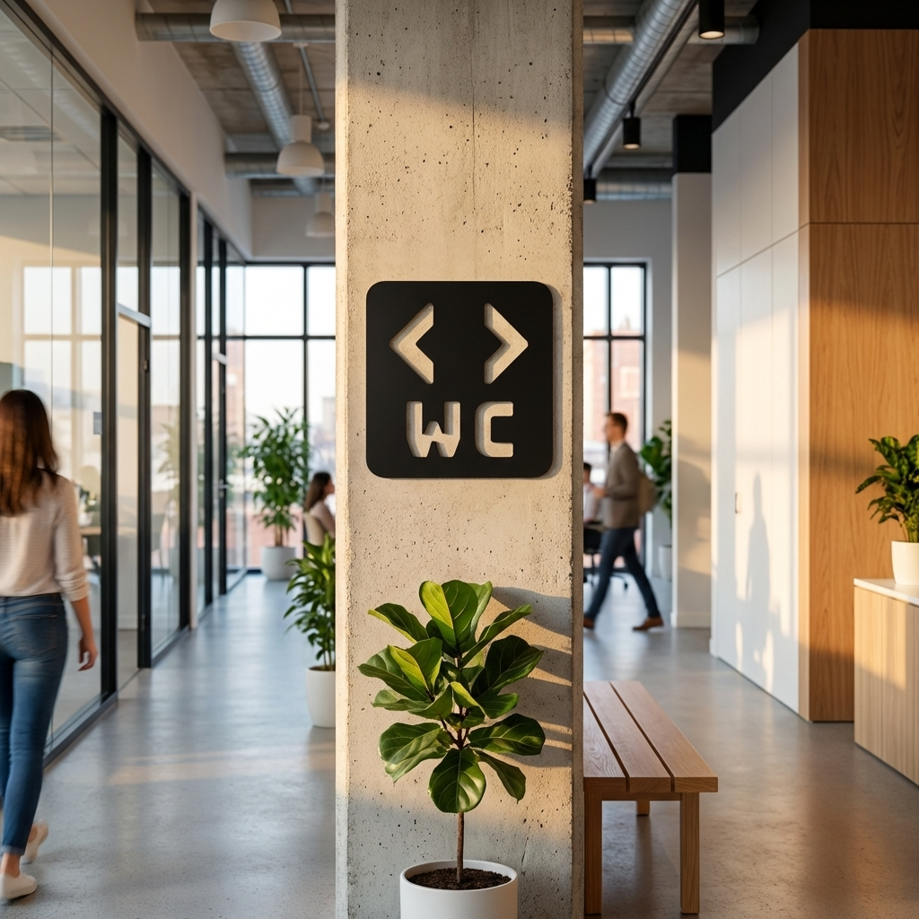 Black WC wayfinding sign for commercial restroom and bathroom facilities
