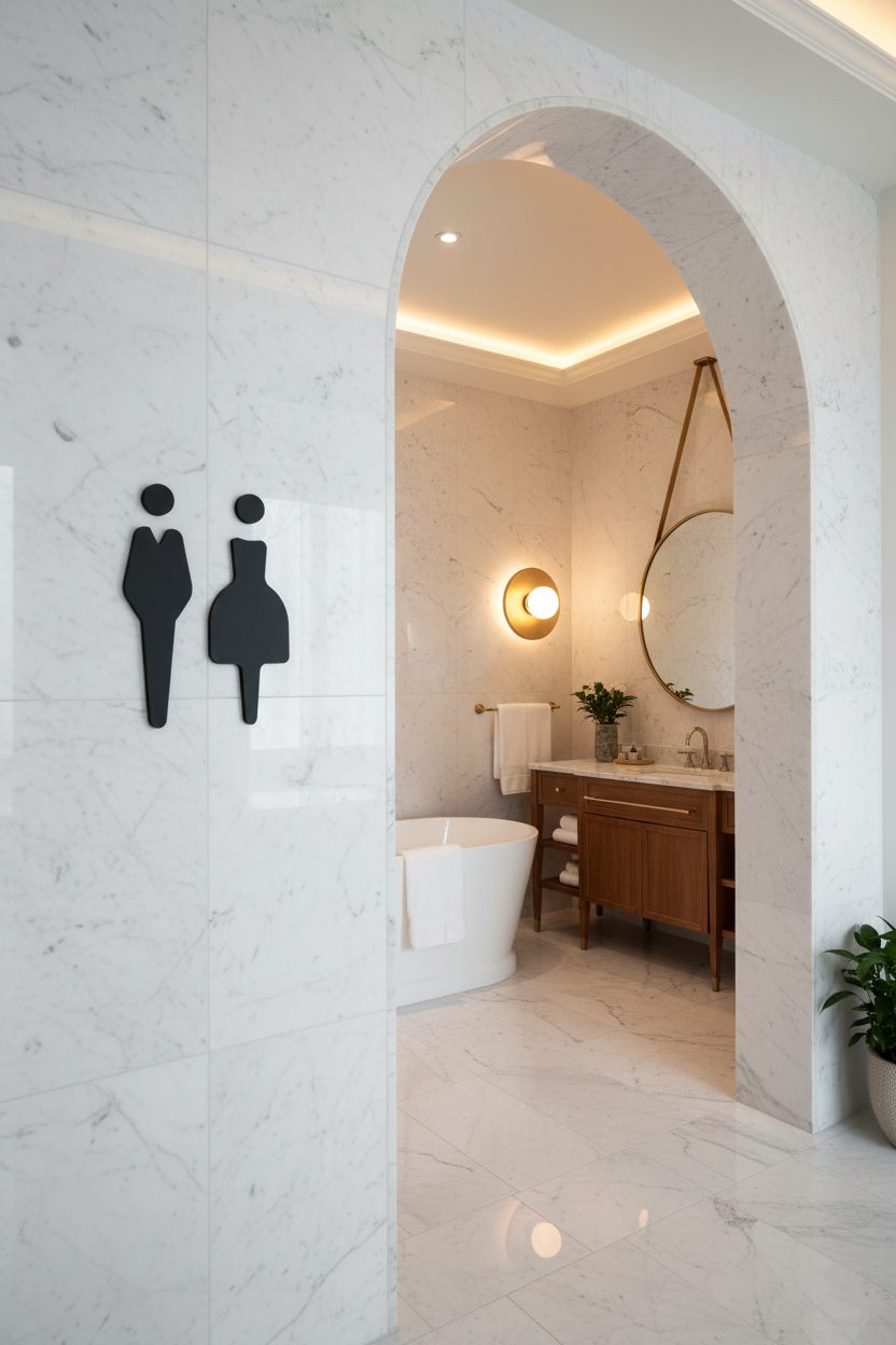Boutique hotel entrance toilet sign