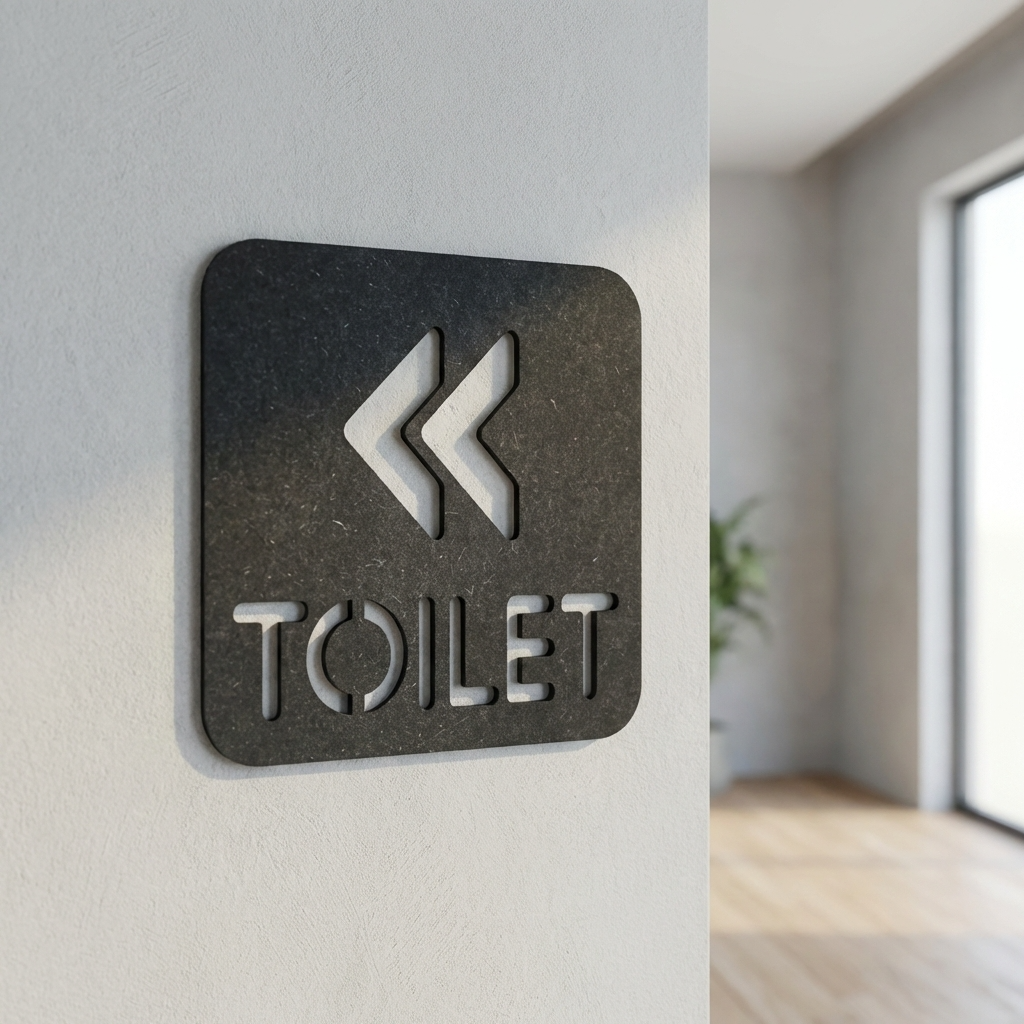 Contemporary toilet wayfinding sign with left arrows for offices, shops, cafés and public spaces.