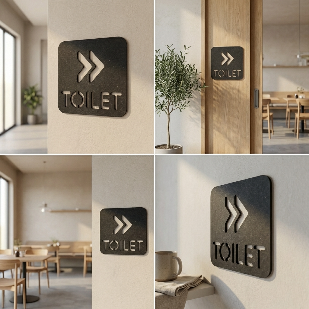 Business restroom direction sign for cafés, hotels, offices and customer-facing spaces