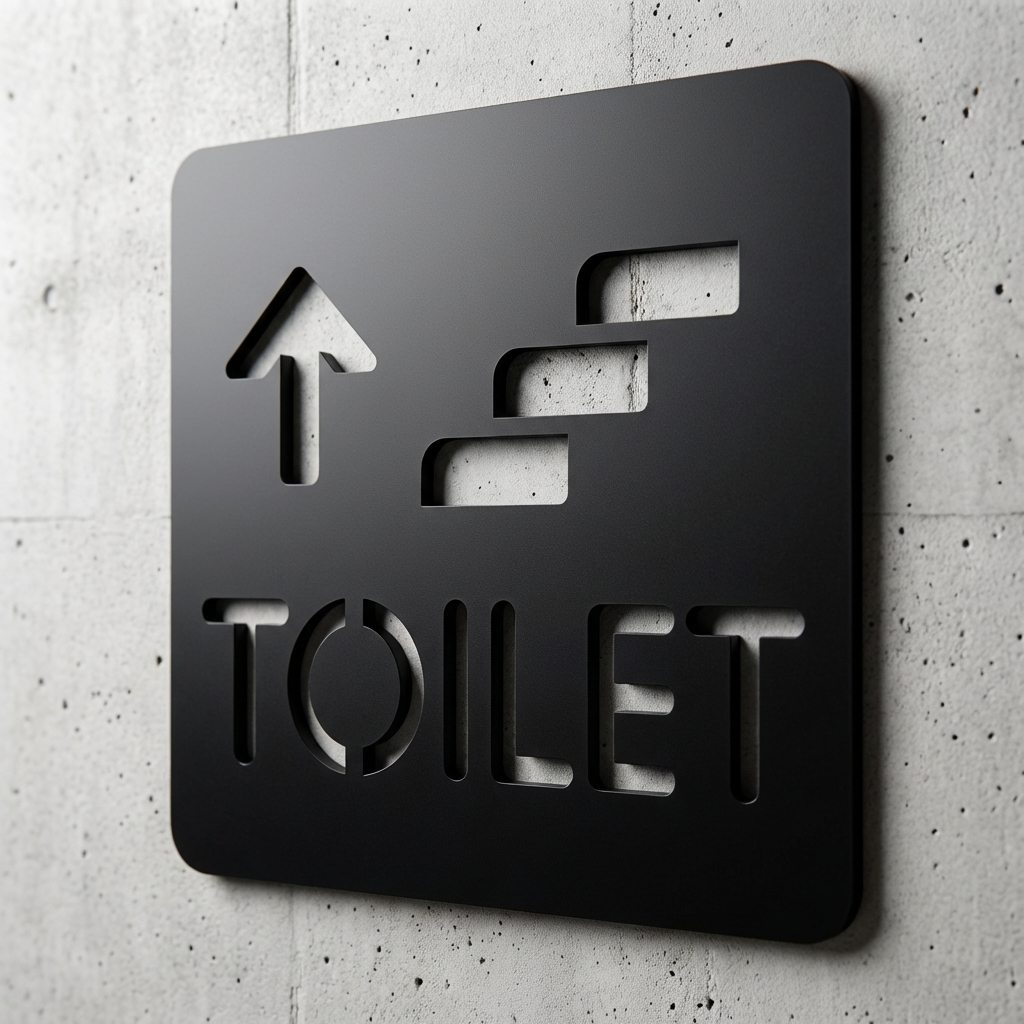 Upstairs bathroom direction sign with staircase icon for offices and hospitality venues