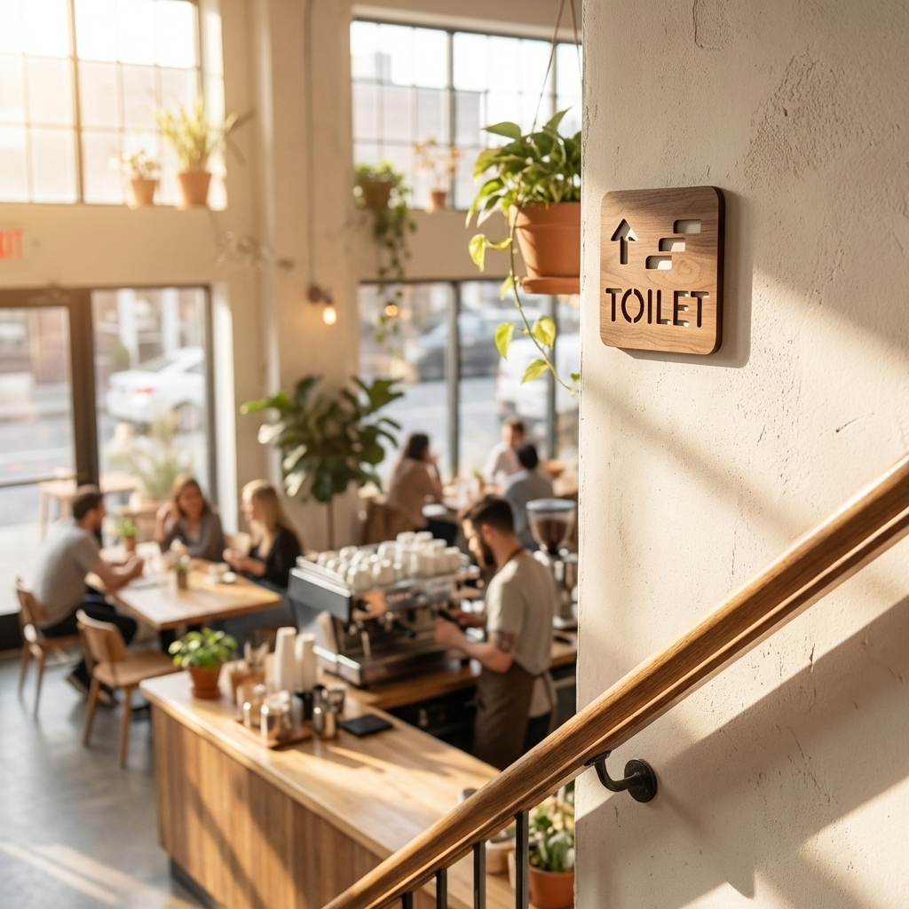 Wooden upstairs WC sign for coffee shops, offices, salons and retail premises