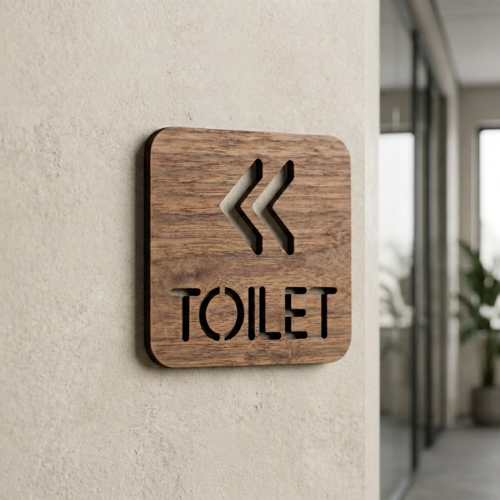 Rustic wood toilet sign with directional arrows for business premises and hospitality venues