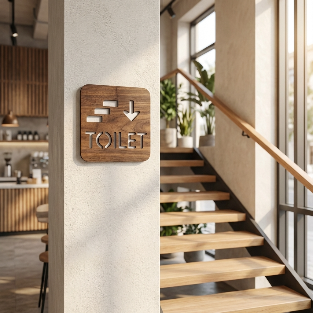Wooden downstairs toilet direction sign for offices, hotels and commercial businesses