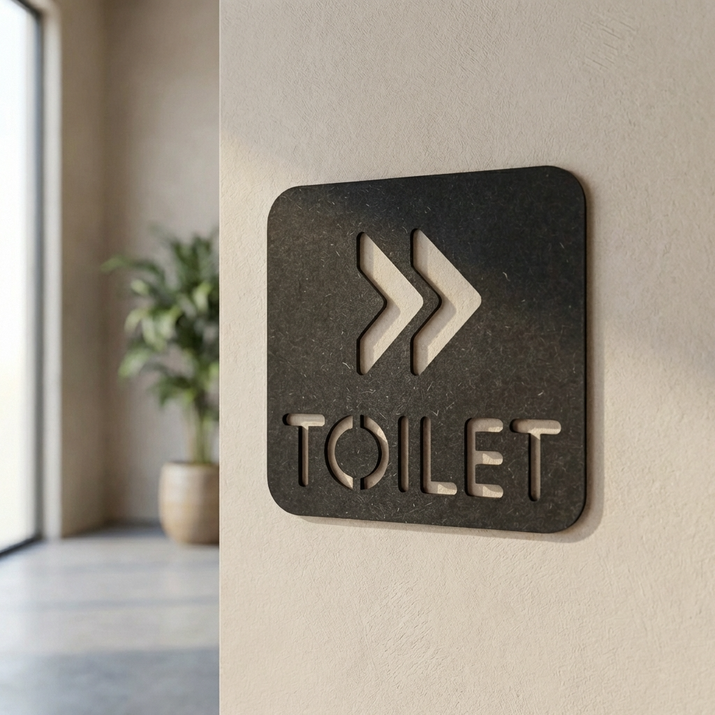 Black bathroom direction sign pointing right for commercial premises and customer facilities