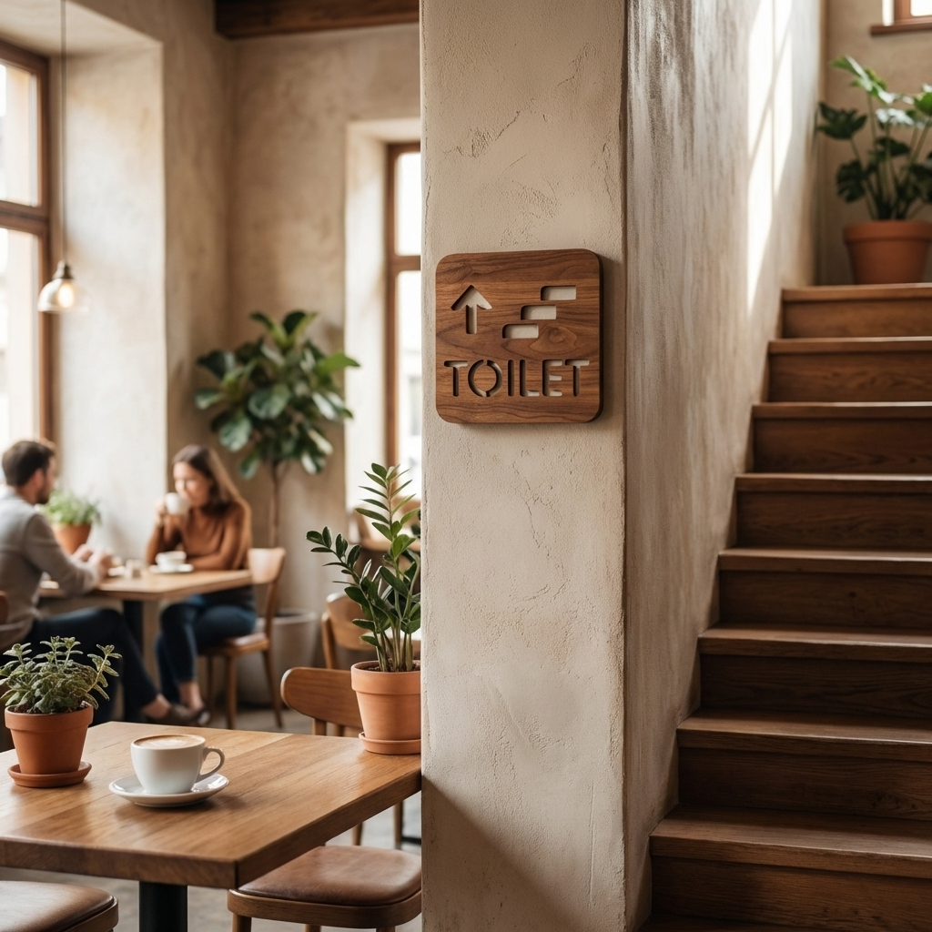 Walnut upstairs toilet sign with stairs and up arrow for cafés and restaurants