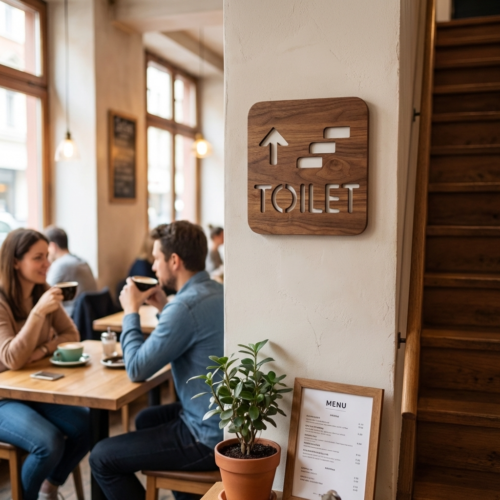 Wooden upstairs toilet direction sign for offices, hotels and commercial businesses