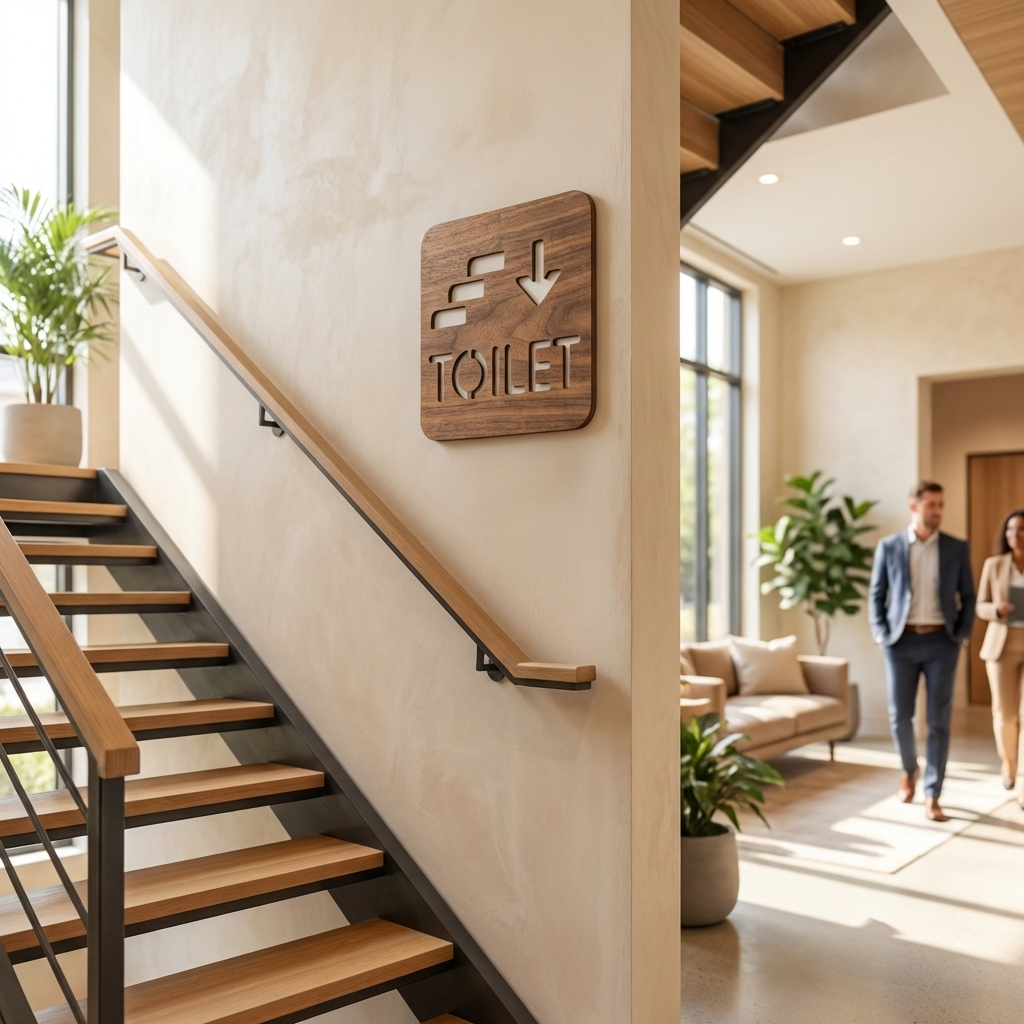 Walnut WC sign with staircase symbol and downward arrow for customer facilities