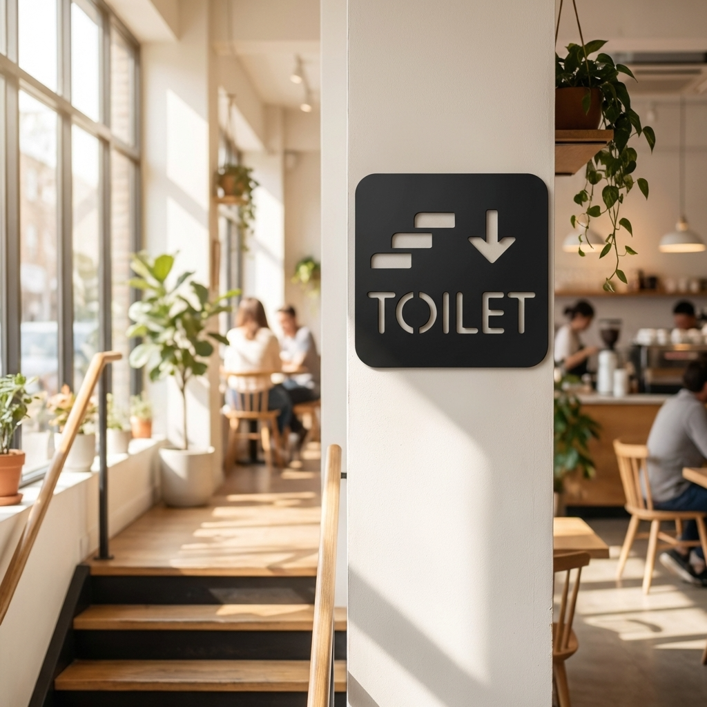 Black acrylic downstairs toilet sign with stairs and down arrow for cafés and restaurants