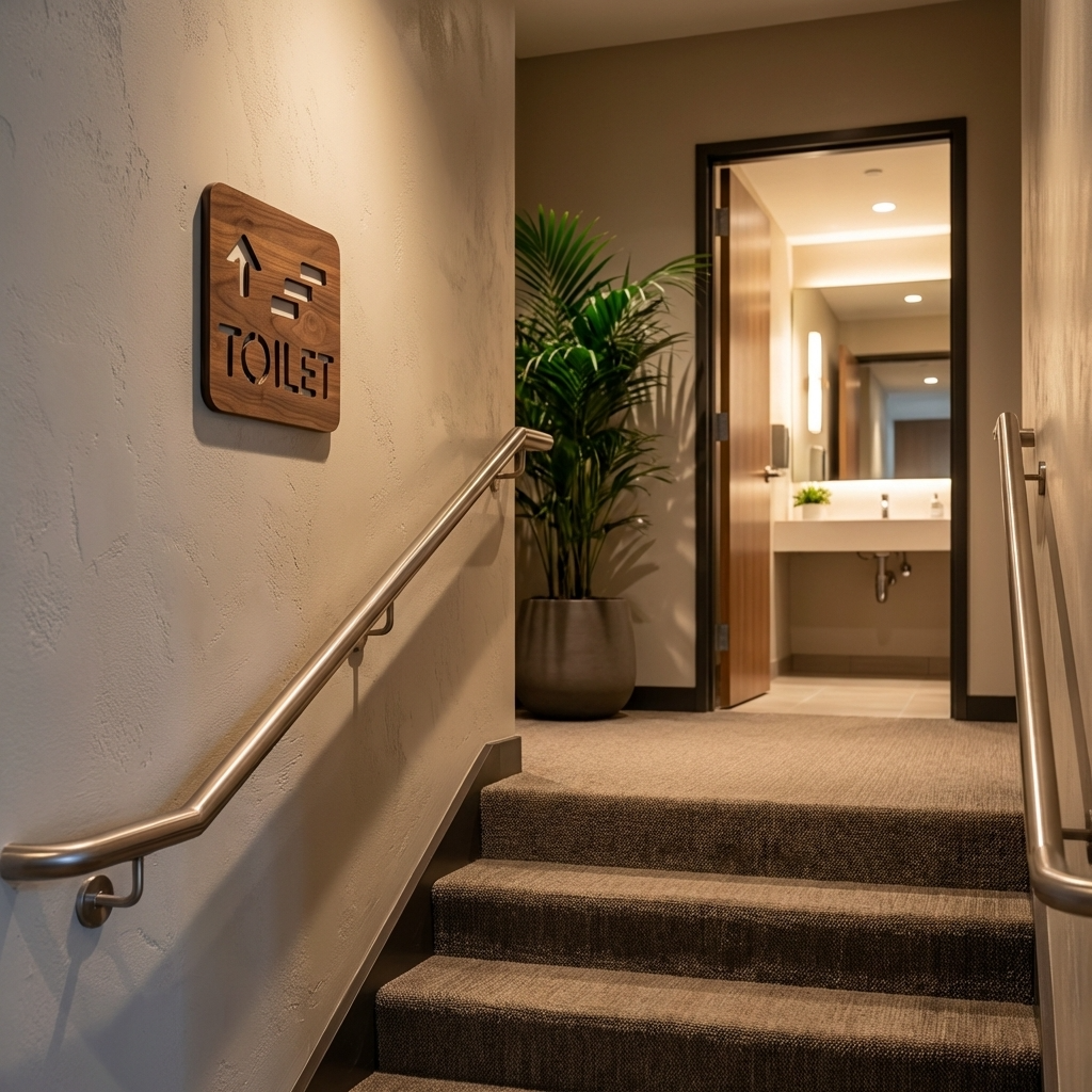 Walnut WC sign with staircase symbol and upward arrow for customer facilities
