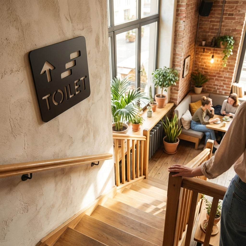 Modern toilet upstairs sign for cafés, restaurants, workplaces and hospitality venues
